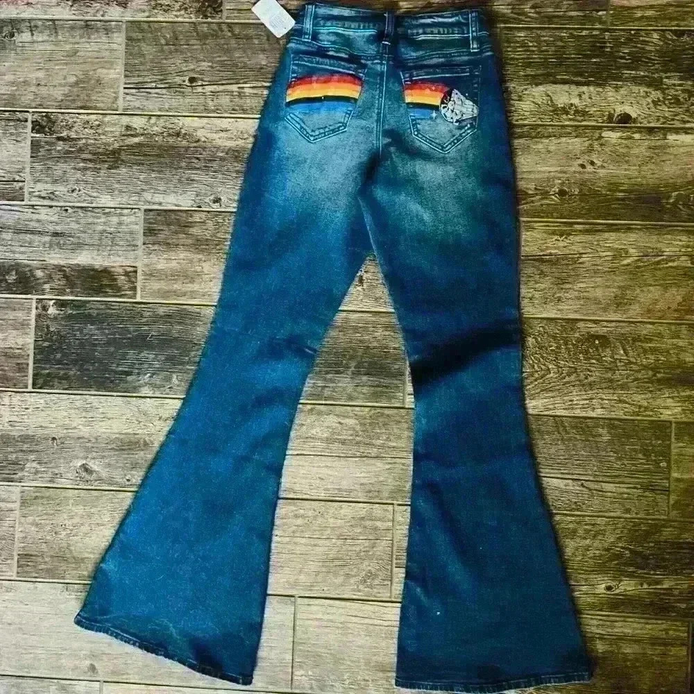 Star Wars Her Universe Flare Bell Bottom Jeans Womens Size 0  New Rainbow Falcon - Picture 4 of 6
